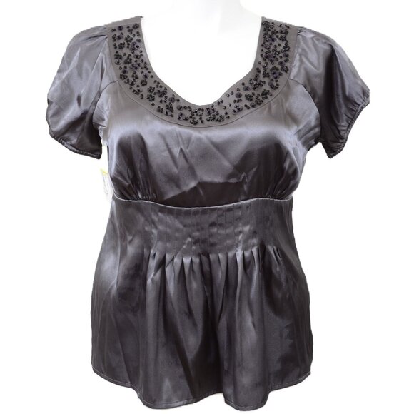 Chadwick's Plus Size 16 Satin Beaded Babydoll Coquette Shiny Blouse Cap Sleeve - Picture 1 of 9